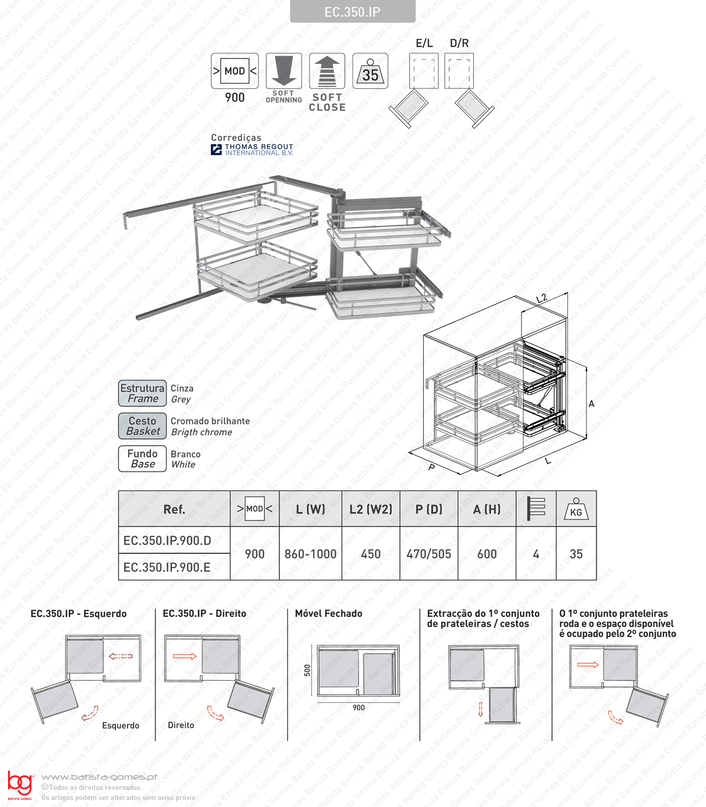 Canto m�gico com 4 cestos para aplica��o porta frontal - Abertura suave e Soft-close - M�d. 900 - Cromado